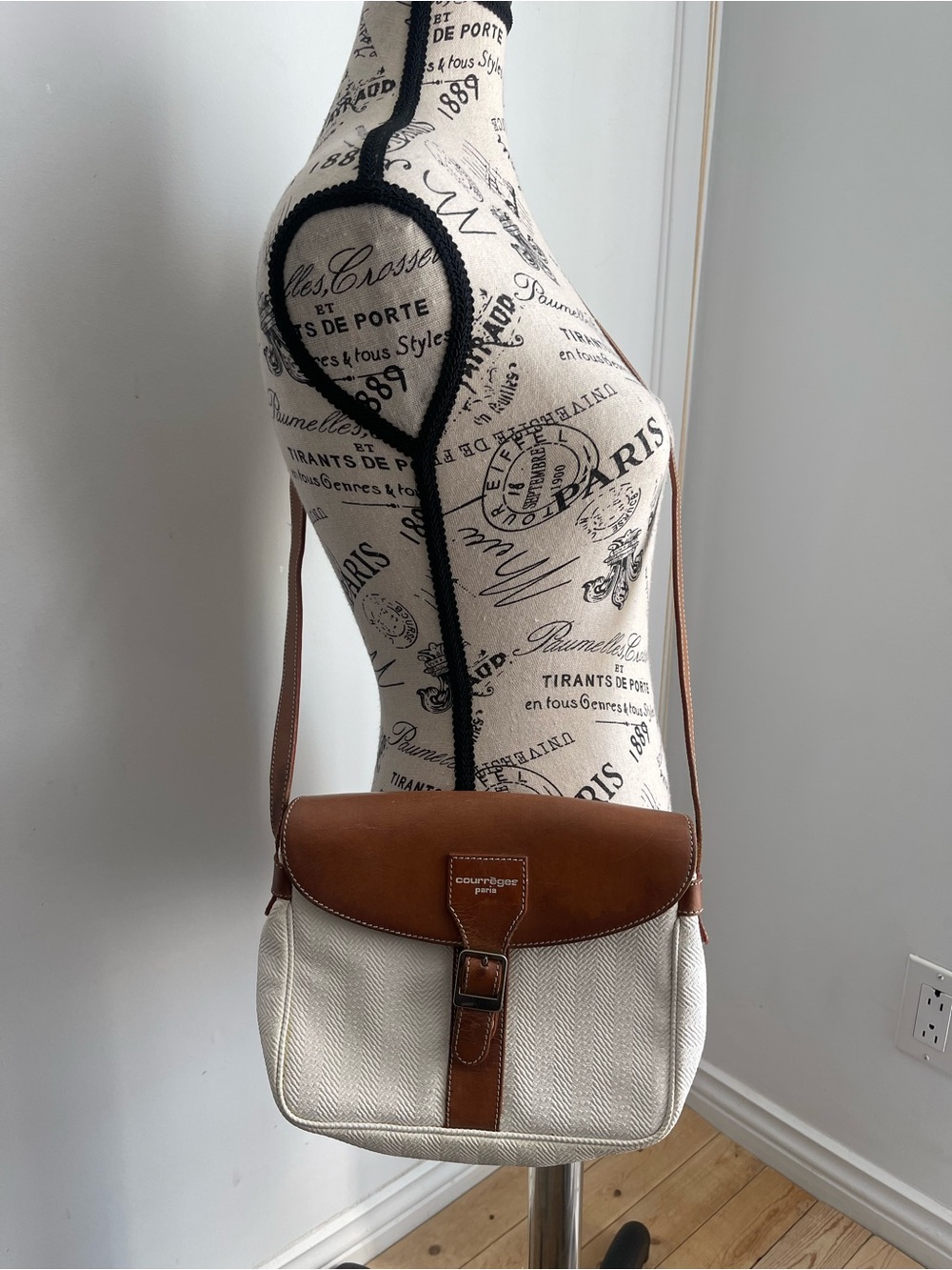 Courrèges Paris Cream Vintage Herringbone Crossbody with Brown Leather Trim